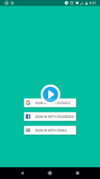 App screenshot showing buttons to log in with Google, Facebook and email.